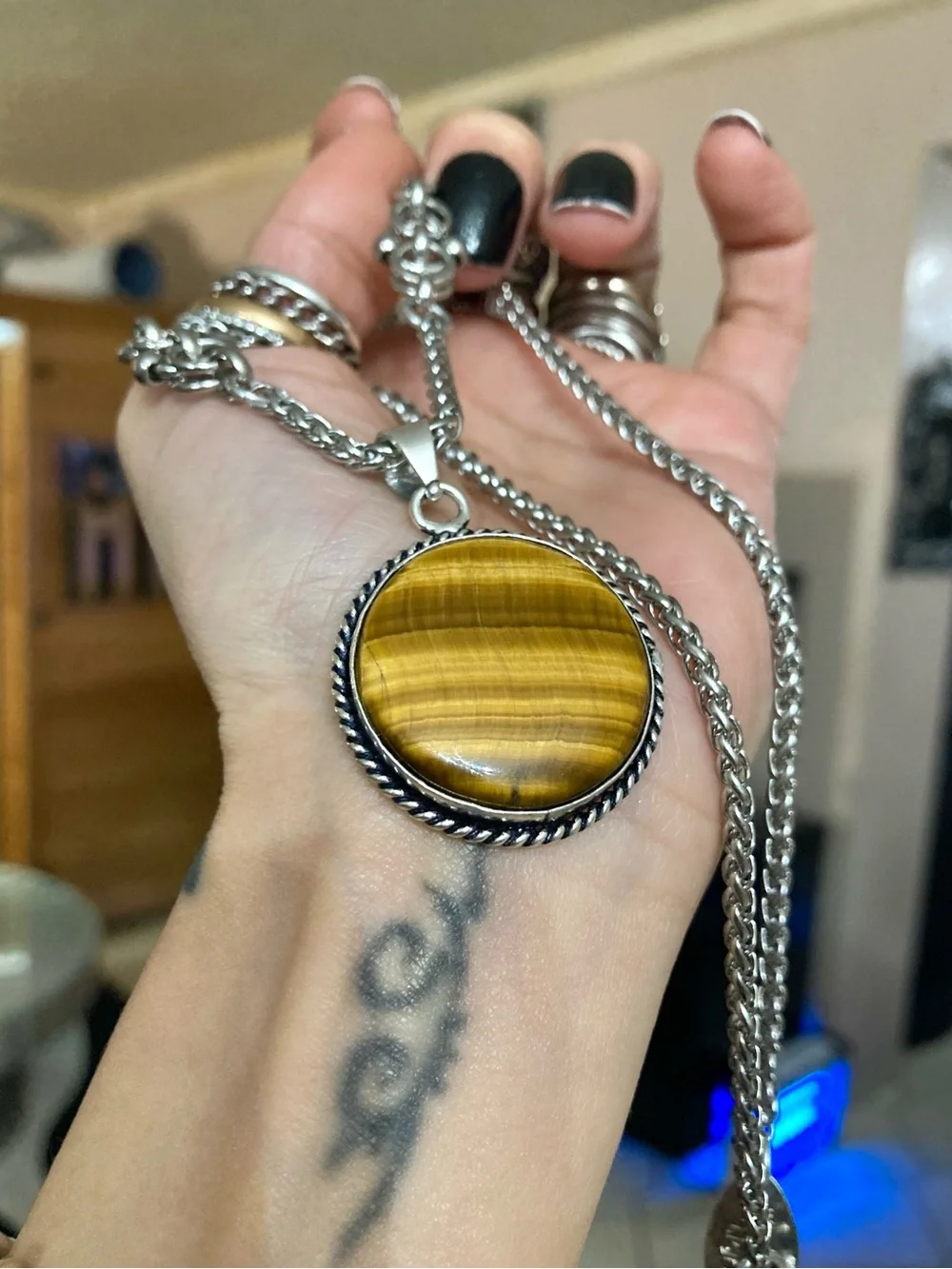 Golden brown tiger eye round gemstone charm Celtic knot steel necklace